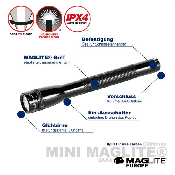  Werbeartikel Maglite®  CLASSIC Mini Maglite® AAA in schwarz mit Kennzeichnungen