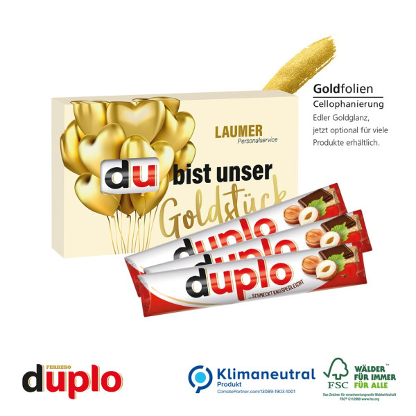 Duplo bedrucken: Werbekartonage für 3 Duplo-Riegel mit Goldfolien-Cellophanierung 